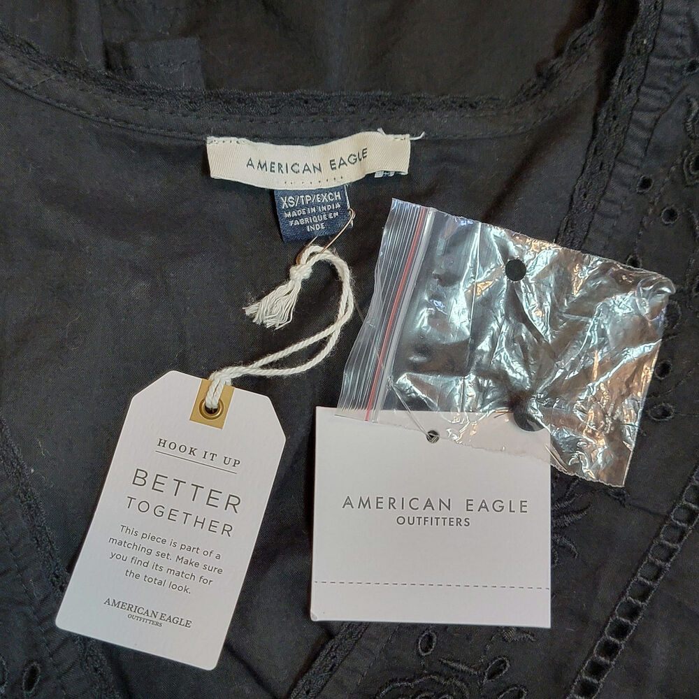 American Eagle NWT Eyelet Embroidered Cotton Peplum Blouse Black XS V Neck - Picture 8 of 11